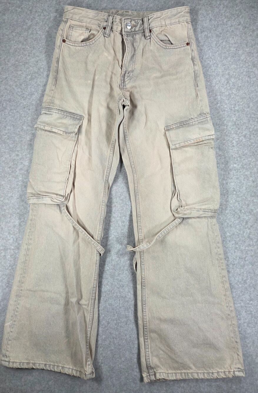 Zara Beige Wide Leg Cargo Jeans with Straps Utility baggy khaki Denim Size US 2